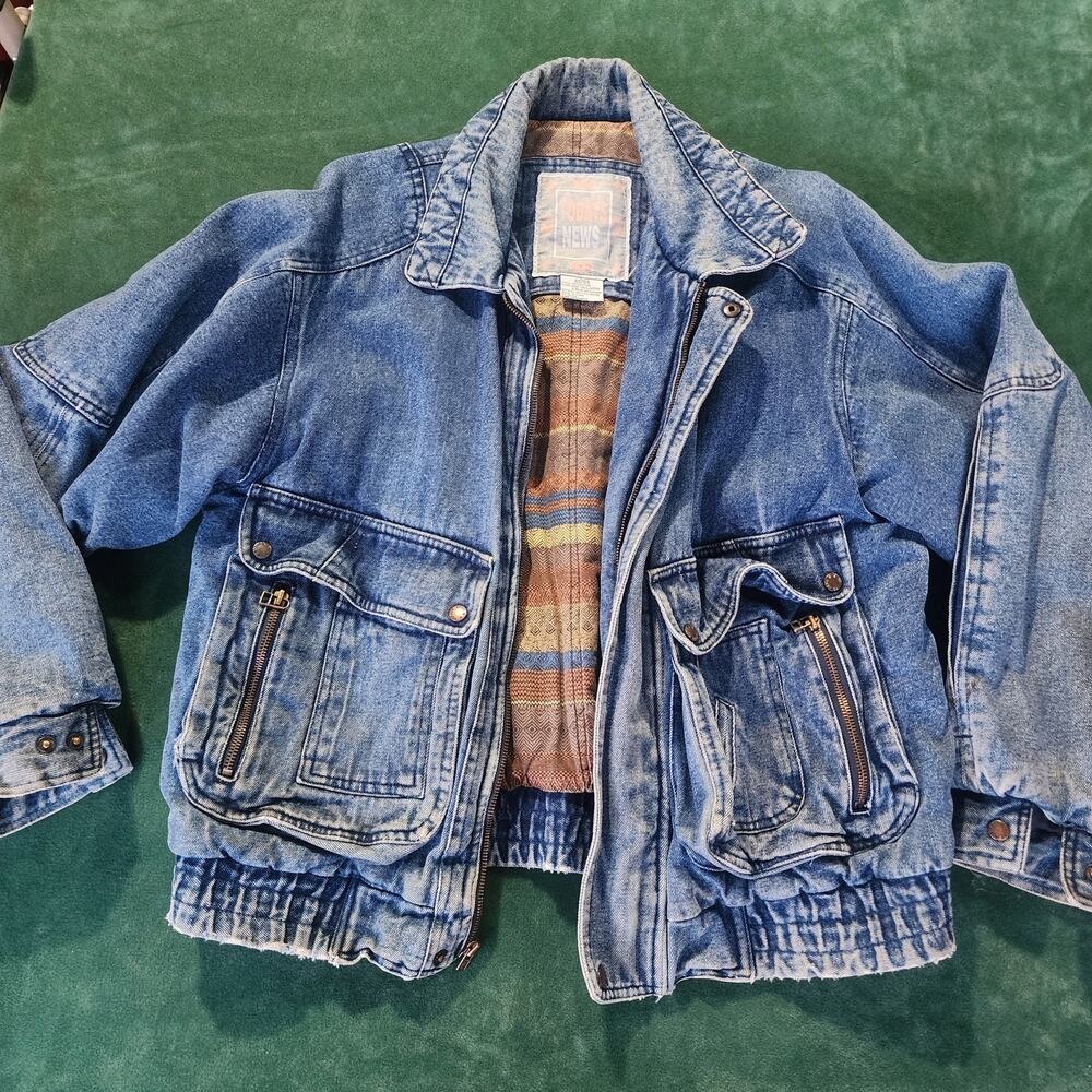 Vintage 90s Todays News Denim Bomber Jacket Aztec Lined Acid Wash Blue Large